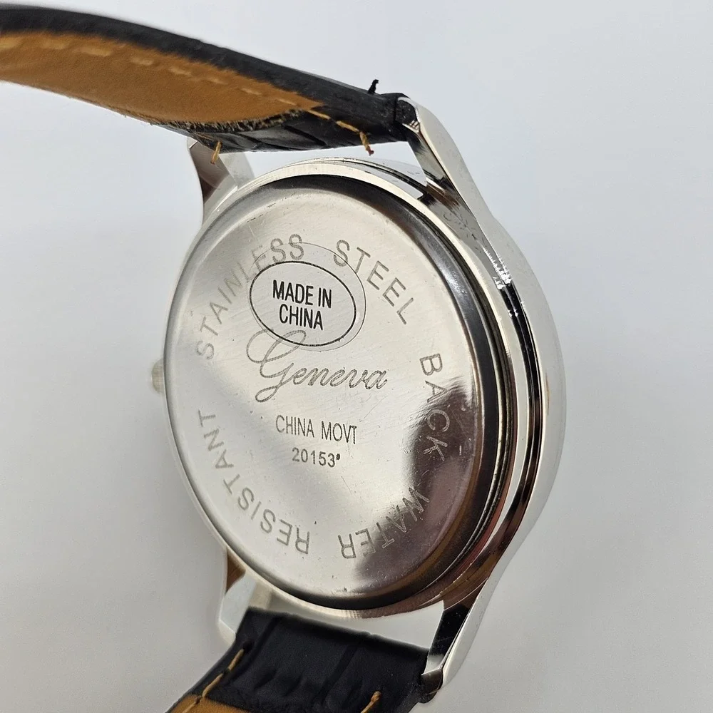 Men Easy Read Watch Analog 40MM Black Dial Black‎ Faux Leather Bands New Battery